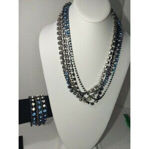 Blue And Clear Rhinestone 6 Strand Necklace 7 Strand Bracelet